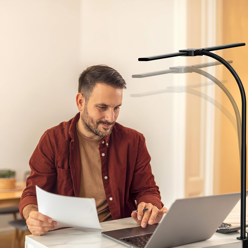 Lampka biurkowa LED GlowNest z podwójną głowicą, zasilana przez USB, z elastyczną szyjką typu gęsia szyja