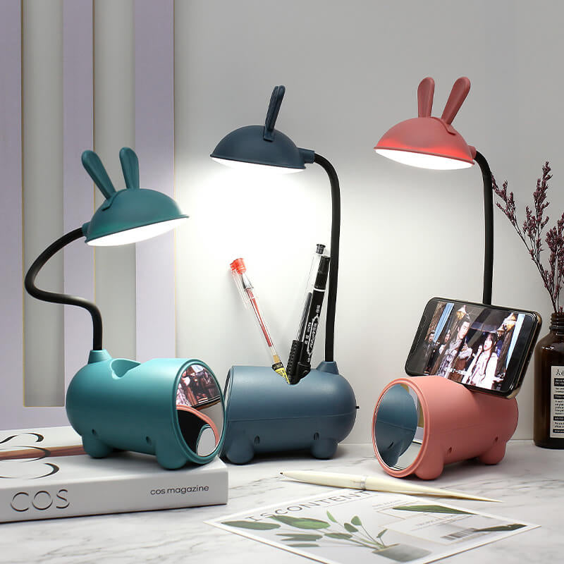 Kreslená kreativní LED stolní lampa ve tvaru králíka s dotykovým ovládáním a držákem na pero, napájená přes USB