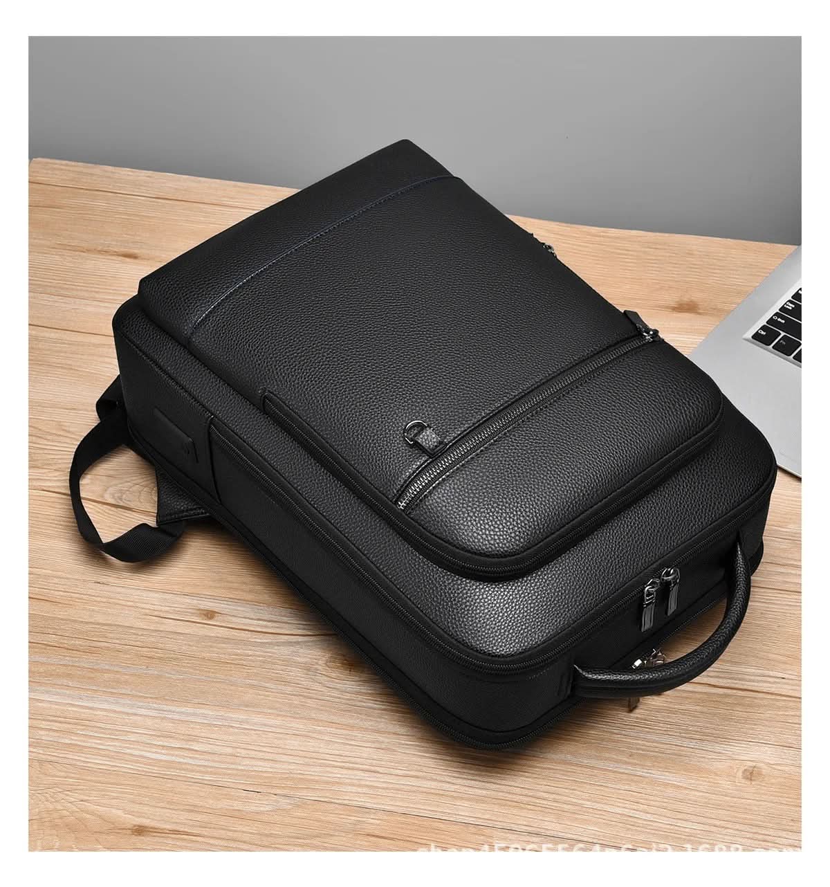 Elegant Black Leather Backpack With USB Port For 15.6-Inch Laptop