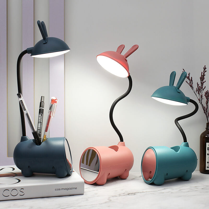 Kreslená kreativní LED stolní lampa ve tvaru králíka s dotykovým ovládáním a držákem na pero, napájená přes USB