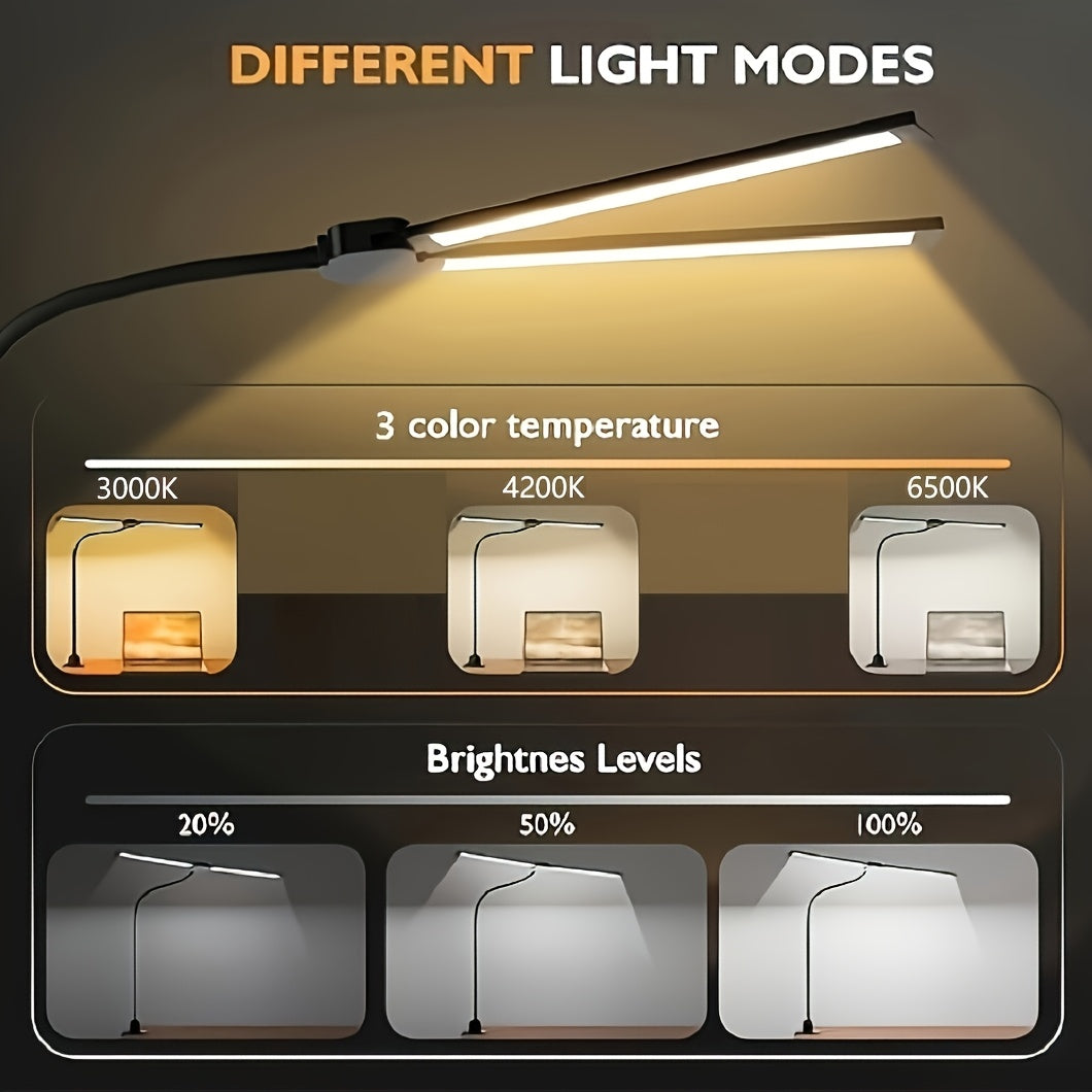 Lampka biurkowa LED GlowNest z podwójną głowicą, zasilana przez USB, z elastyczną szyjką typu gęsia szyja