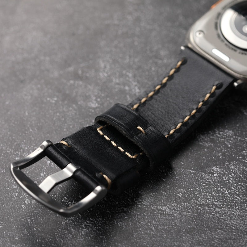 Durable Black Leather Strap With Gold Piped Stitching