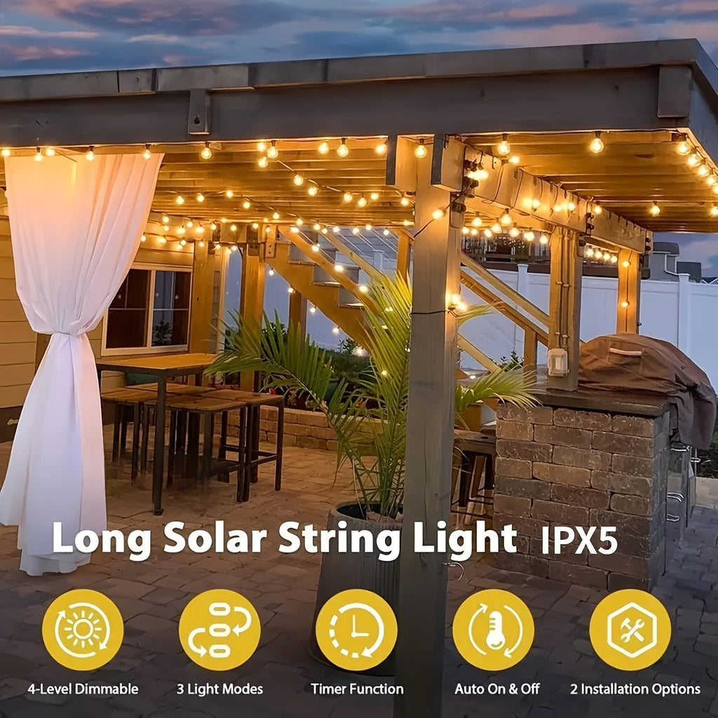 Solara 100 Ft Solar Light Strings Outdoor LED With Dimmable Yellow St38 Bulbs