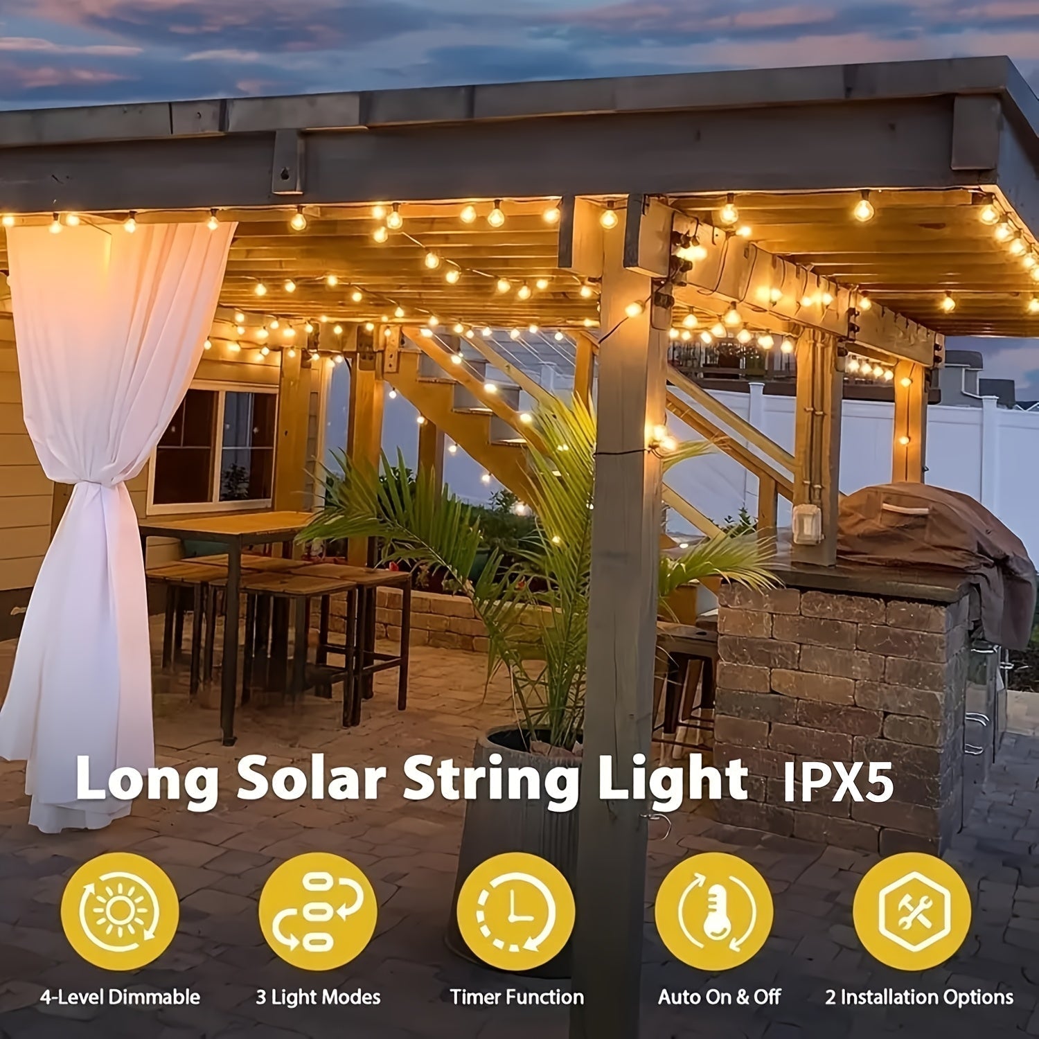 Solara 100 Ft Solar Light Strings Outdoor LED With Dimmable Yellow St38 Bulbs
