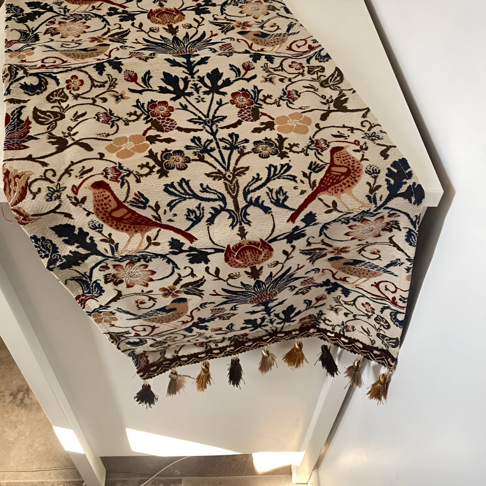 Elegant Country Dining Table Runner with Vintage Floral and Bird Jacquard