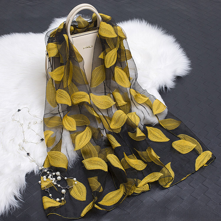 Silk Scarf Featuring Floral Cutwork Hollow Motif Accessory