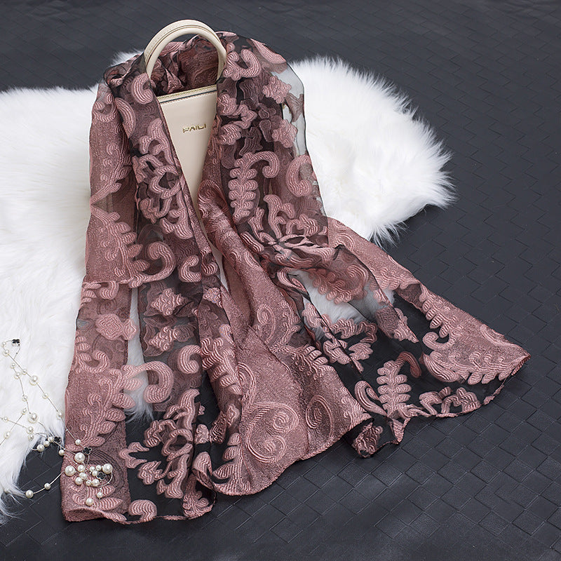 Silk Scarf Featuring Floral Cutwork Hollow Motif Accessory