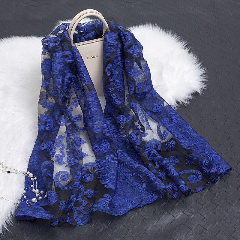 Silk Scarf Featuring Floral Cutwork Hollow Motif Accessory