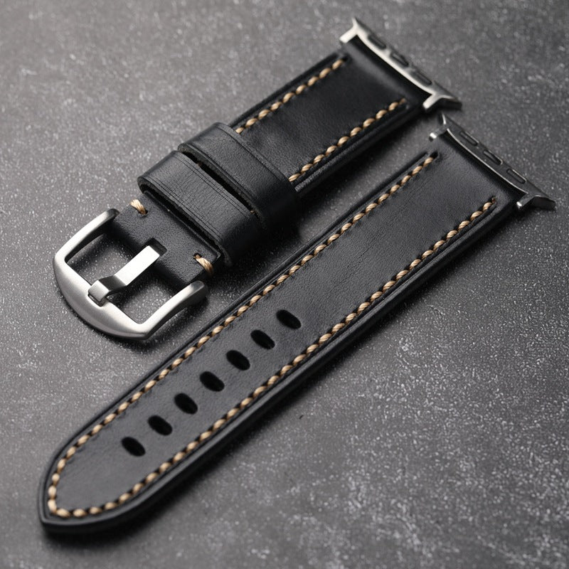 Durable Black Leather Strap With Gold Piped Stitching