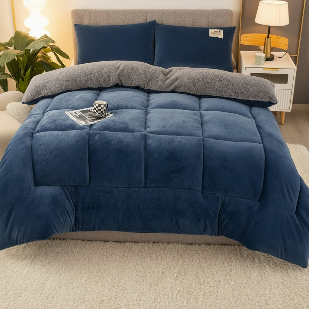 Velvloft Lammfell-Steppdecke mit Karomuster-Design