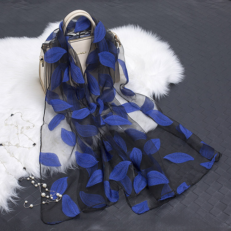 Silk Scarf Featuring Floral Cutwork Hollow Motif Accessory