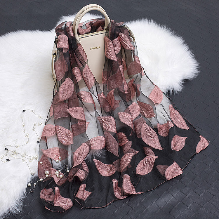 Silk Scarf Featuring Floral Cutwork Hollow Motif Accessory