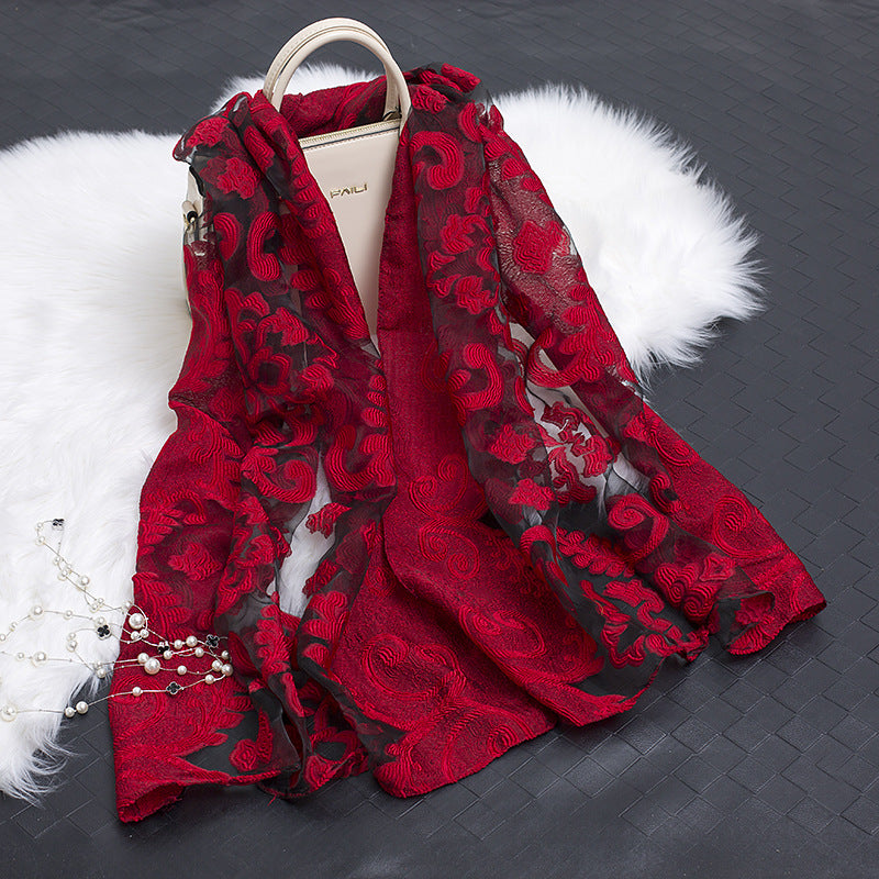 Silk Scarf Featuring Floral Cutwork Hollow Motif Accessory