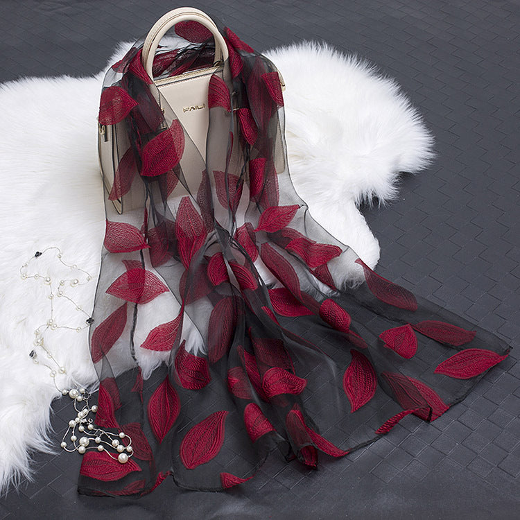 Silk Scarf Featuring Floral Cutwork Hollow Motif Accessory
