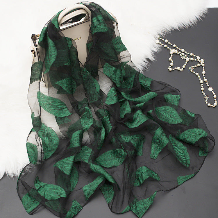 Silk Scarf Featuring Floral Cutwork Hollow Motif Accessory