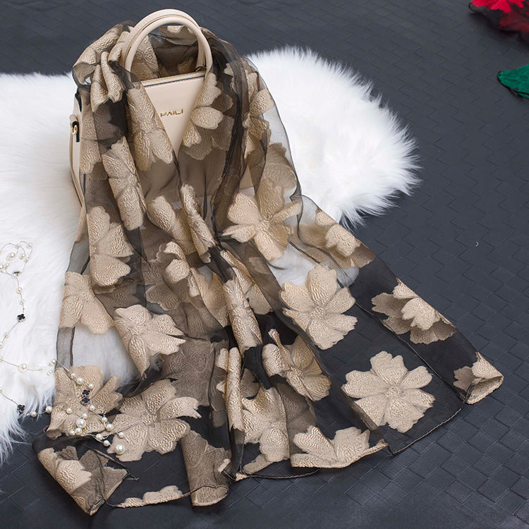 Silk Scarf Featuring Floral Cutwork Hollow Motif Accessory