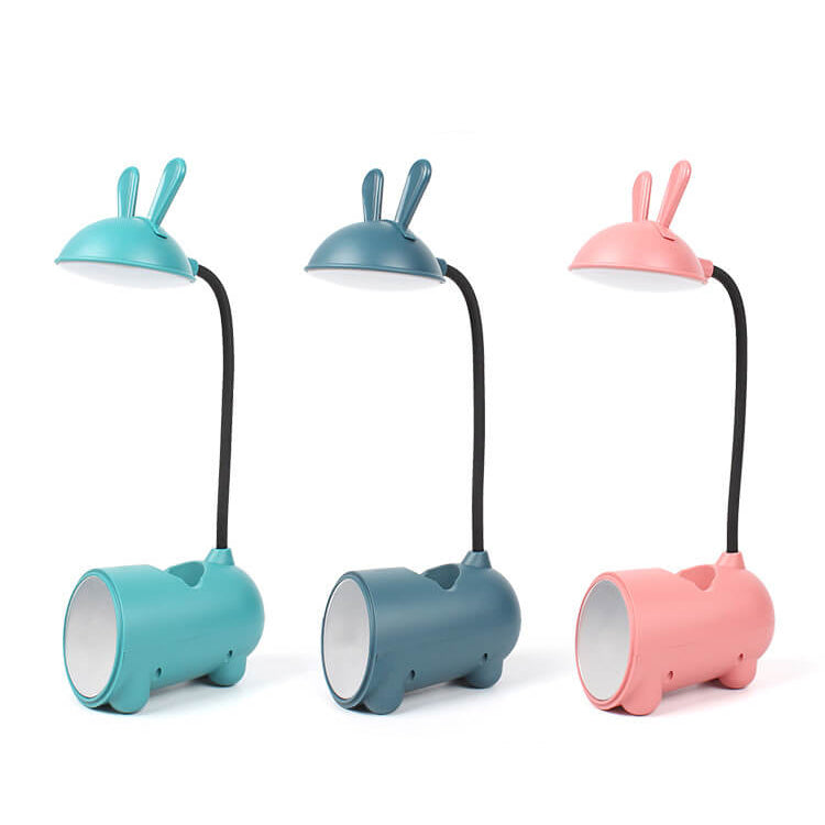 Kreslená kreativní LED stolní lampa ve tvaru králíka s dotykovým ovládáním a držákem na pero, napájená přes USB