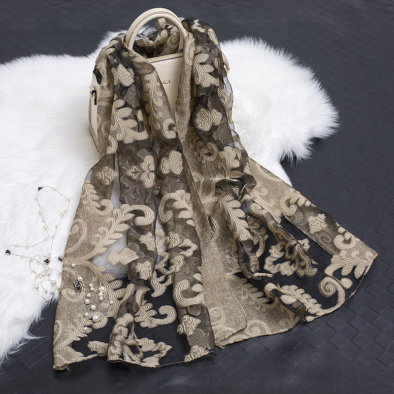 Silk Scarf Featuring Floral Cutwork Hollow Motif Accessory