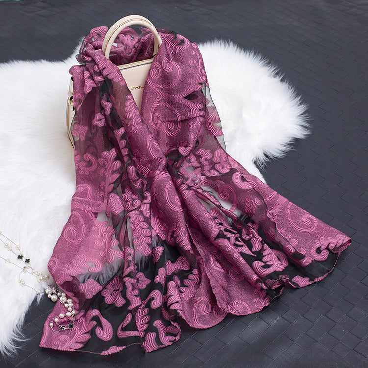 Silk Scarf Featuring Floral Cutwork Hollow Motif Accessory