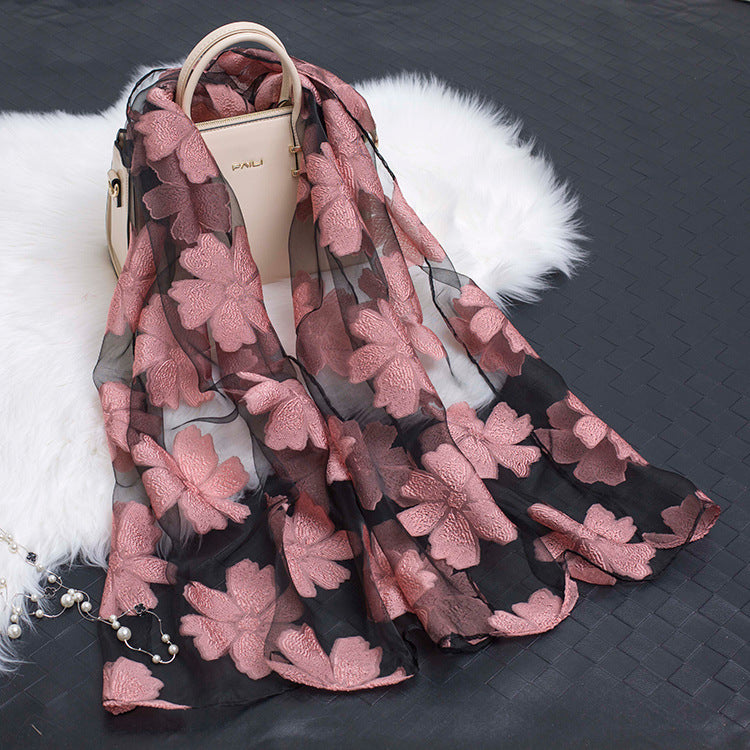 Silk Scarf Featuring Floral Cutwork Hollow Motif Accessory