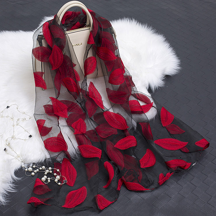 Silk Scarf Featuring Floral Cutwork Hollow Motif Accessory