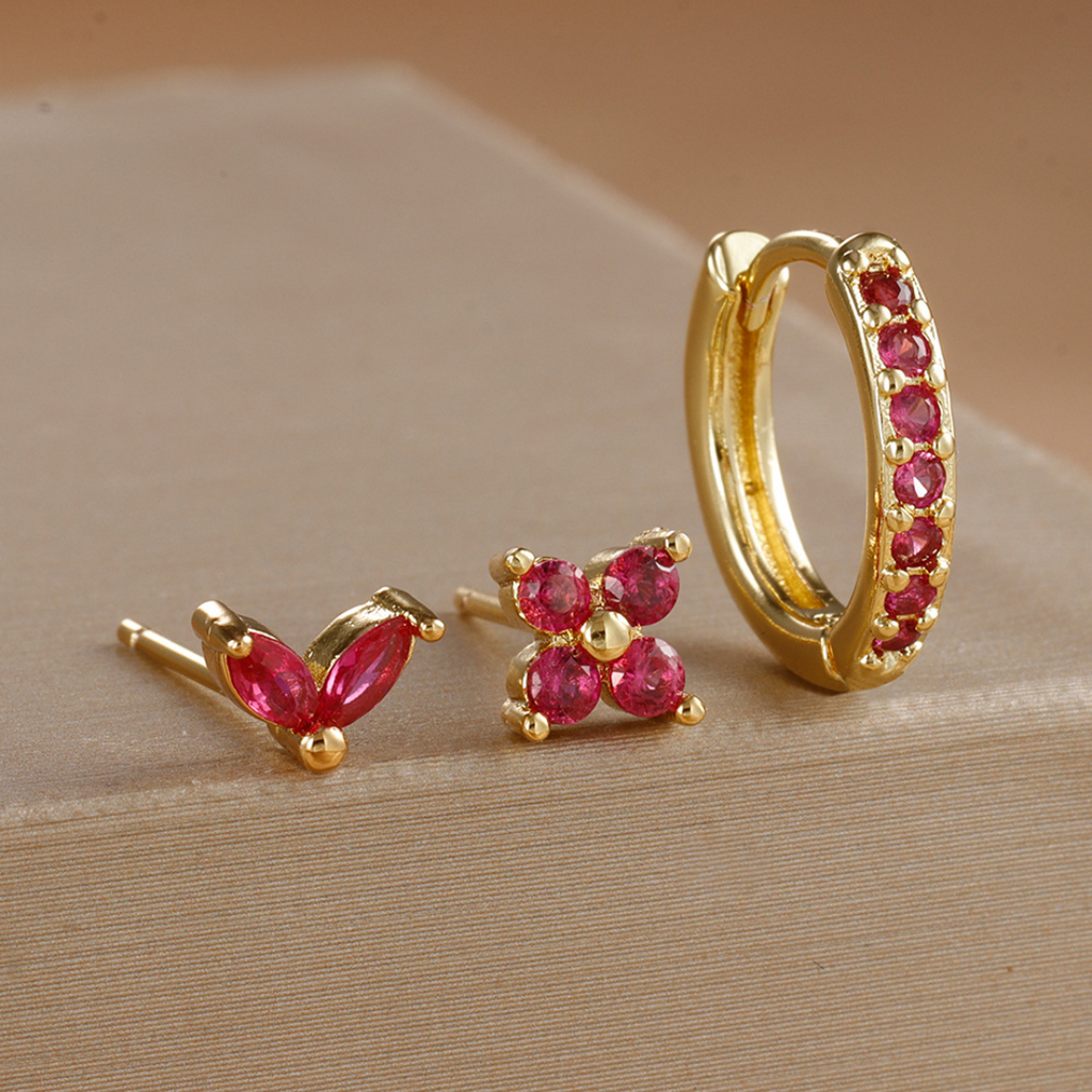 Floral Earrings Set With One Small Hoop And Tulip Stud Petal Stud