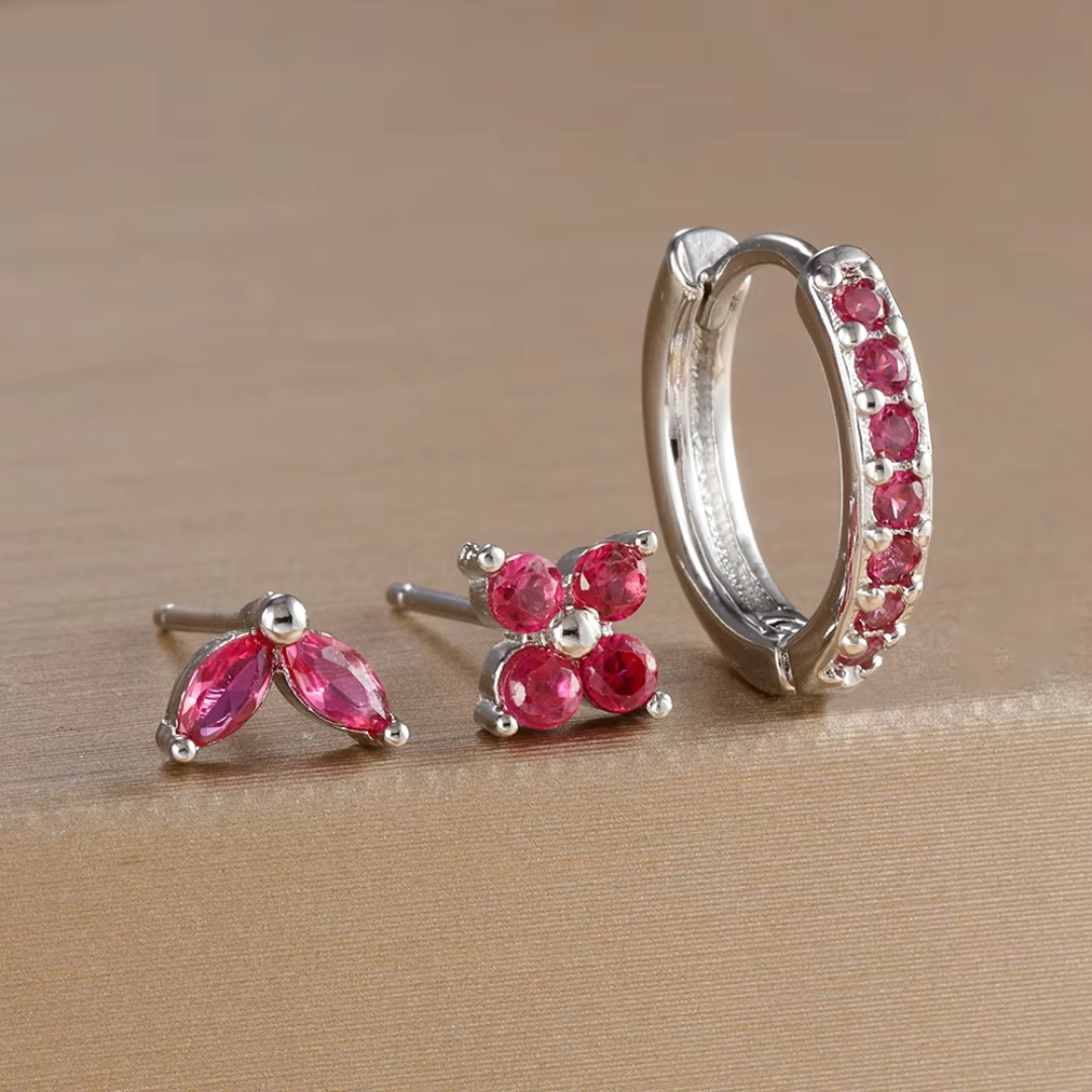 Floral Earrings Set With One Small Hoop And Tulip Stud Petal Stud