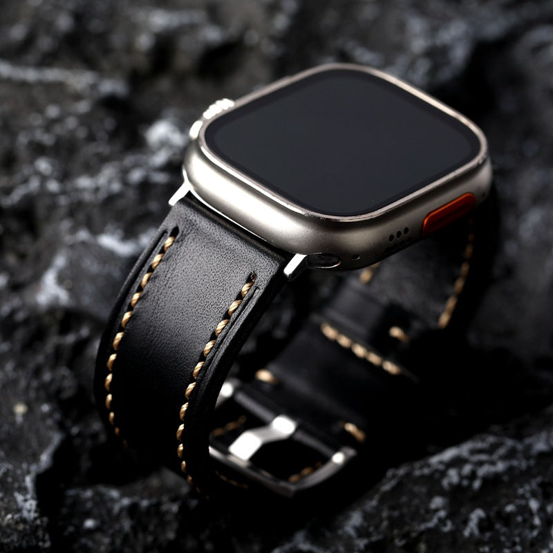 Durable Black Leather Strap With Gold Piped Stitching