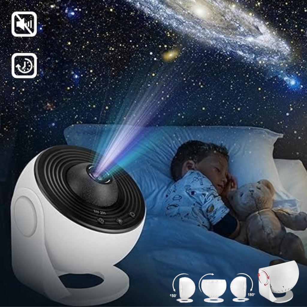 Projektor galaxie se otáčí o 360 stupňů a promítá noční oblohu po celé místnosti.