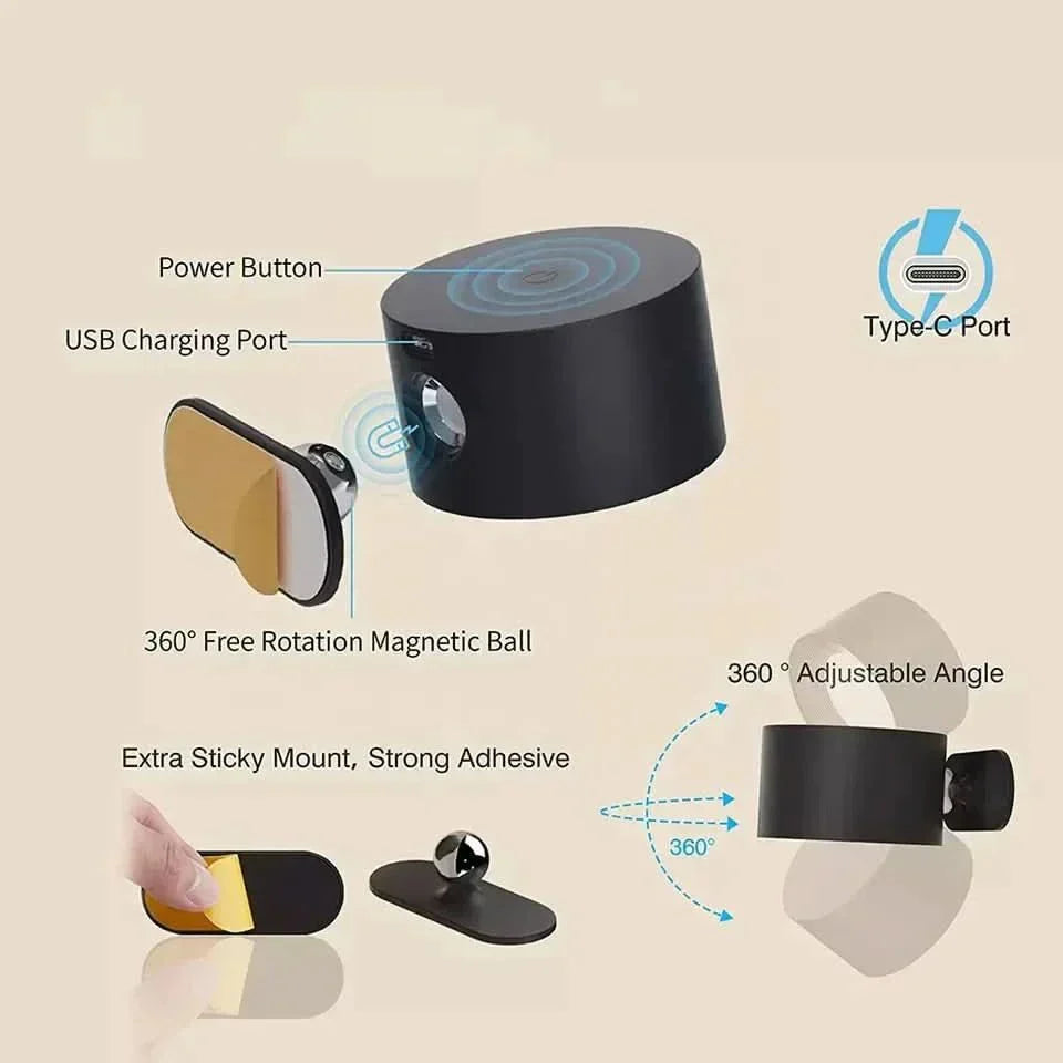 360 graders USB-oppladbar trådløs vegglampe med 3 lysstyrkenivåer for hjemmebruk