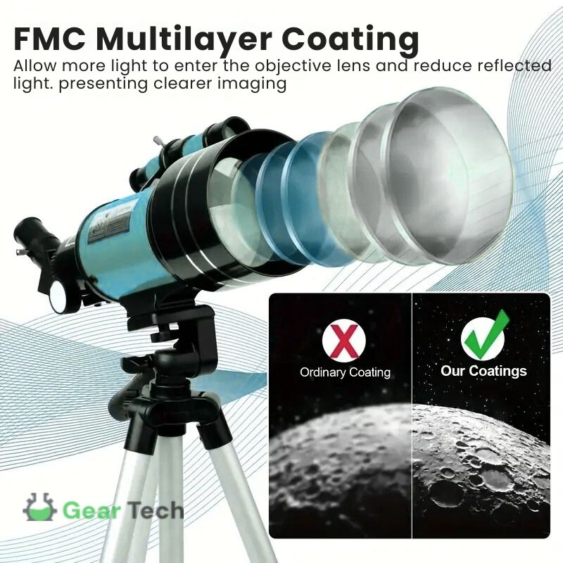 70 mm-es nyílású távcső 300 mm-es fókusztávolsággal, könnyű csillagászathoz és természetmegfigyeléshez