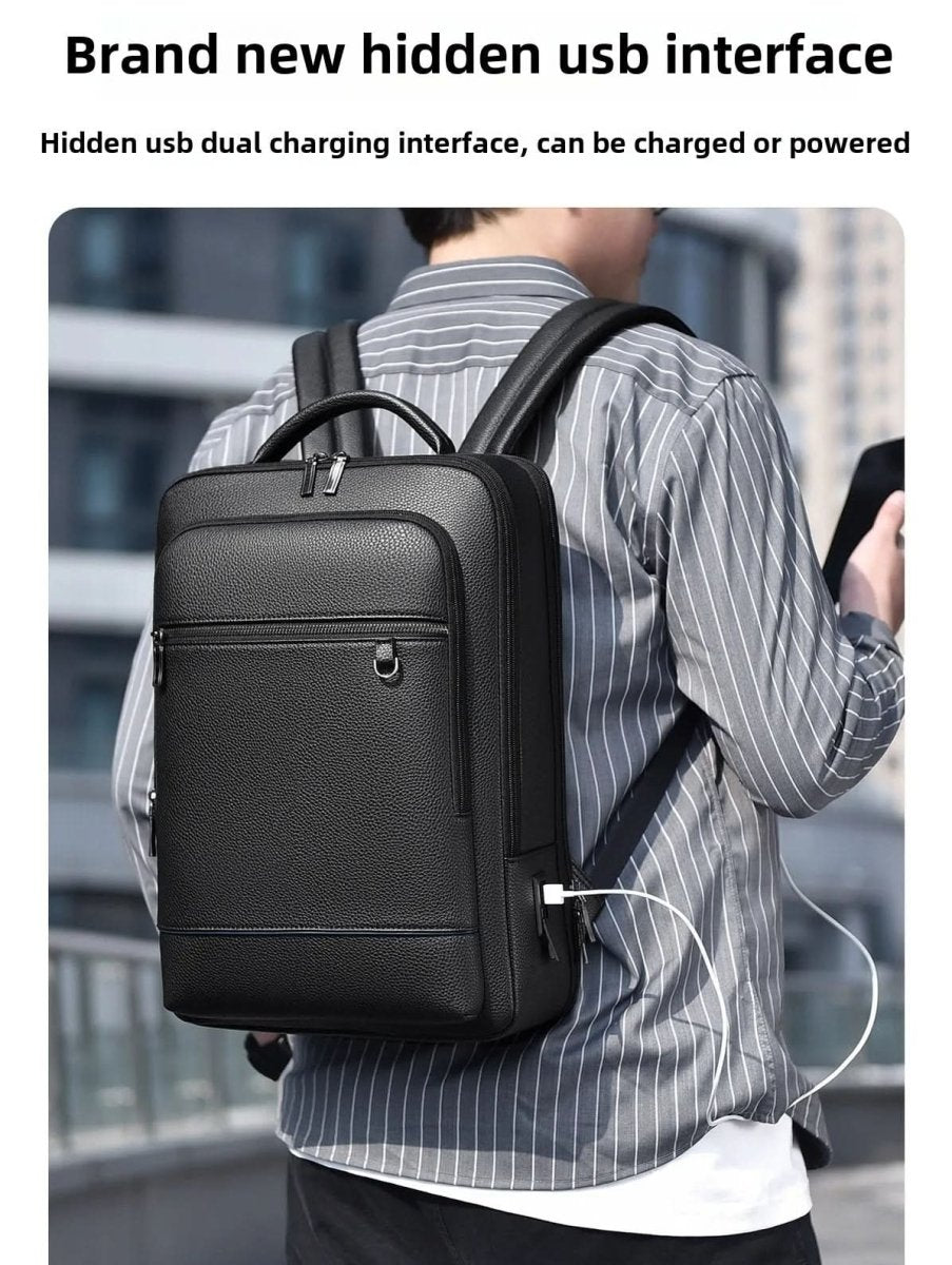 Elegant Black Leather Backpack With USB Port For 15.6-Inch Laptop