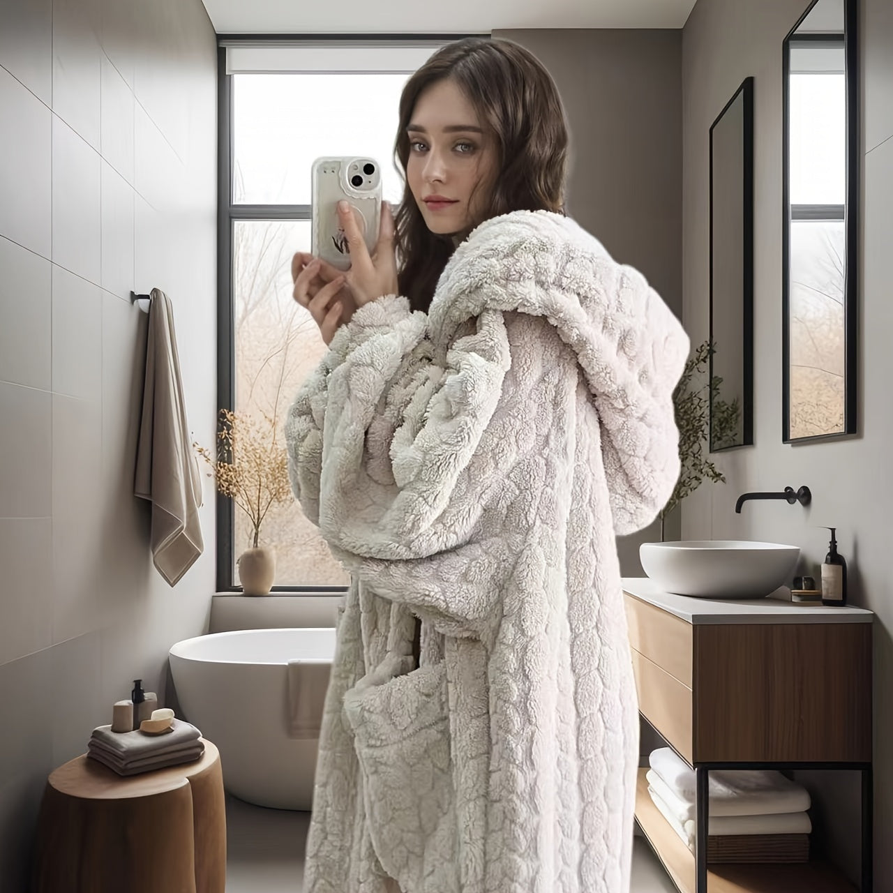 Velvélune Cream White Bathrobe With Striped Pattern