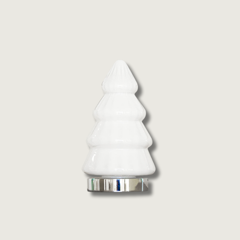 Lampada da tavolo ispirata a un albero verde con struttura in metallo cromato e dettagli in vetro