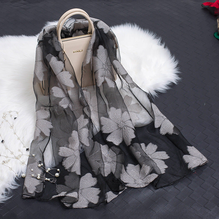 Silk Scarf Featuring Floral Cutwork Hollow Motif Accessory