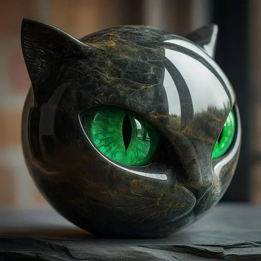 Figurka kočičí hlavy LumenMuse s hypnotickými očima a mramorovým povrchem