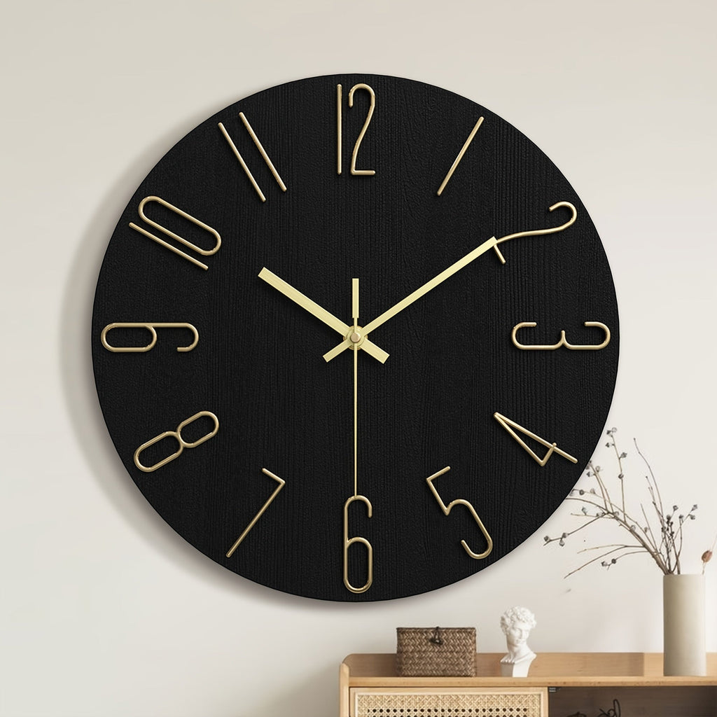 Luminair Runde Wanduhr, randloses minimalistisches Design in Schwarz und Gold