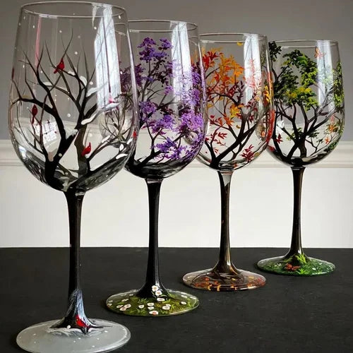 Hand Painted Four Seasons Tree Wine Glasses | Unique Art