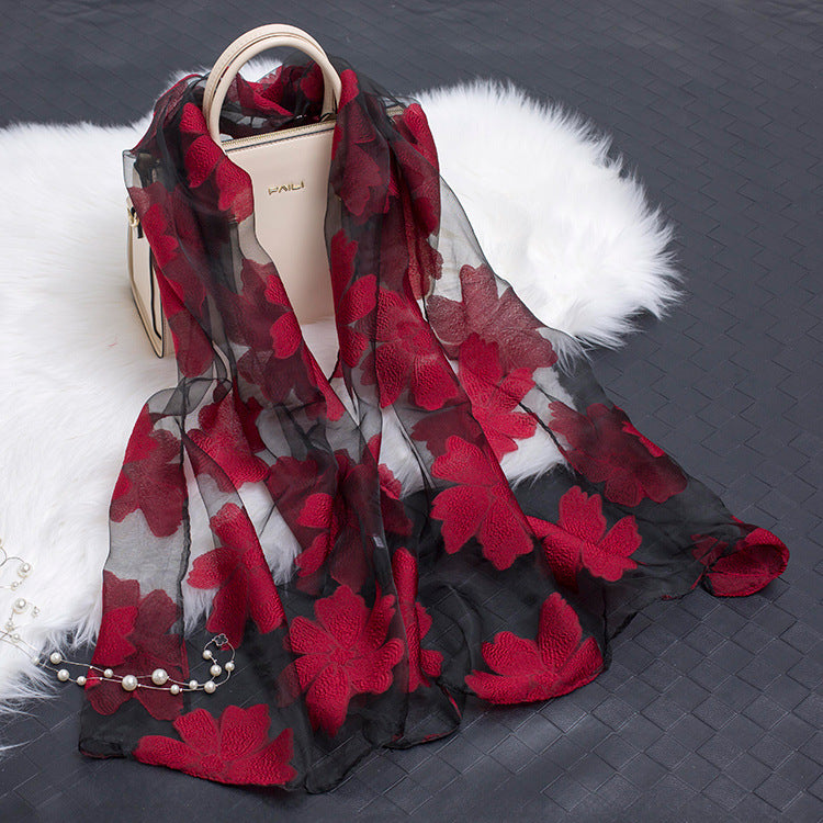 Silk Scarf Featuring Floral Cutwork Hollow Motif Accessory