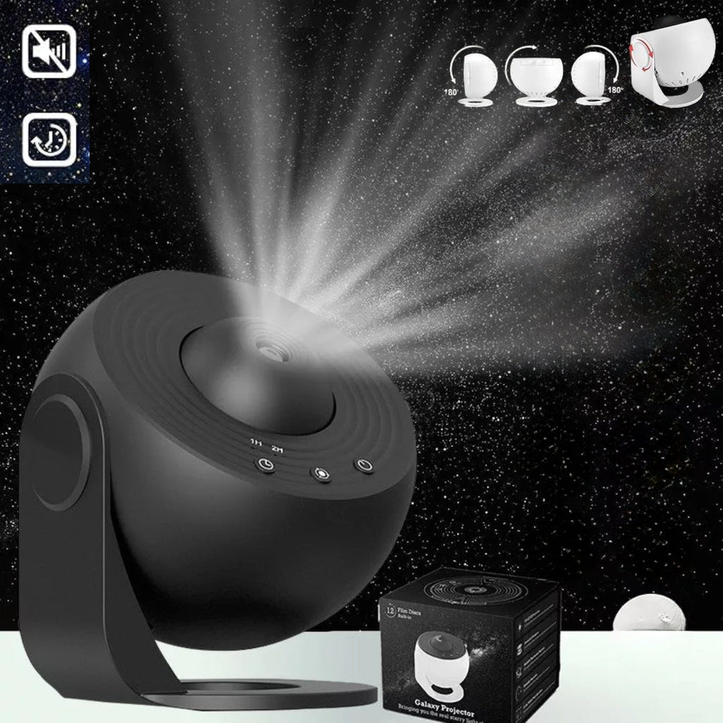 Projektor galaxie se otáčí o 360 stupňů a promítá noční oblohu po celé místnosti.