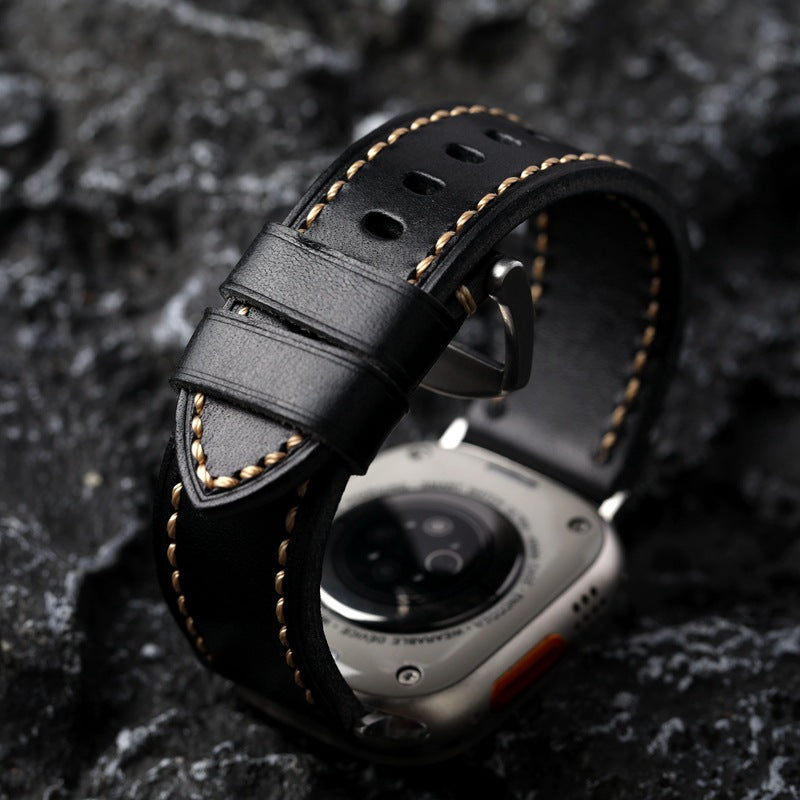 Durable Black Leather Strap With Gold Piped Stitching