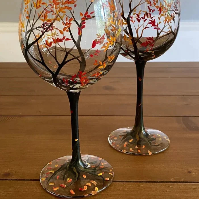 Hand Painted Four Seasons Tree Wine Glasses | Unique Art