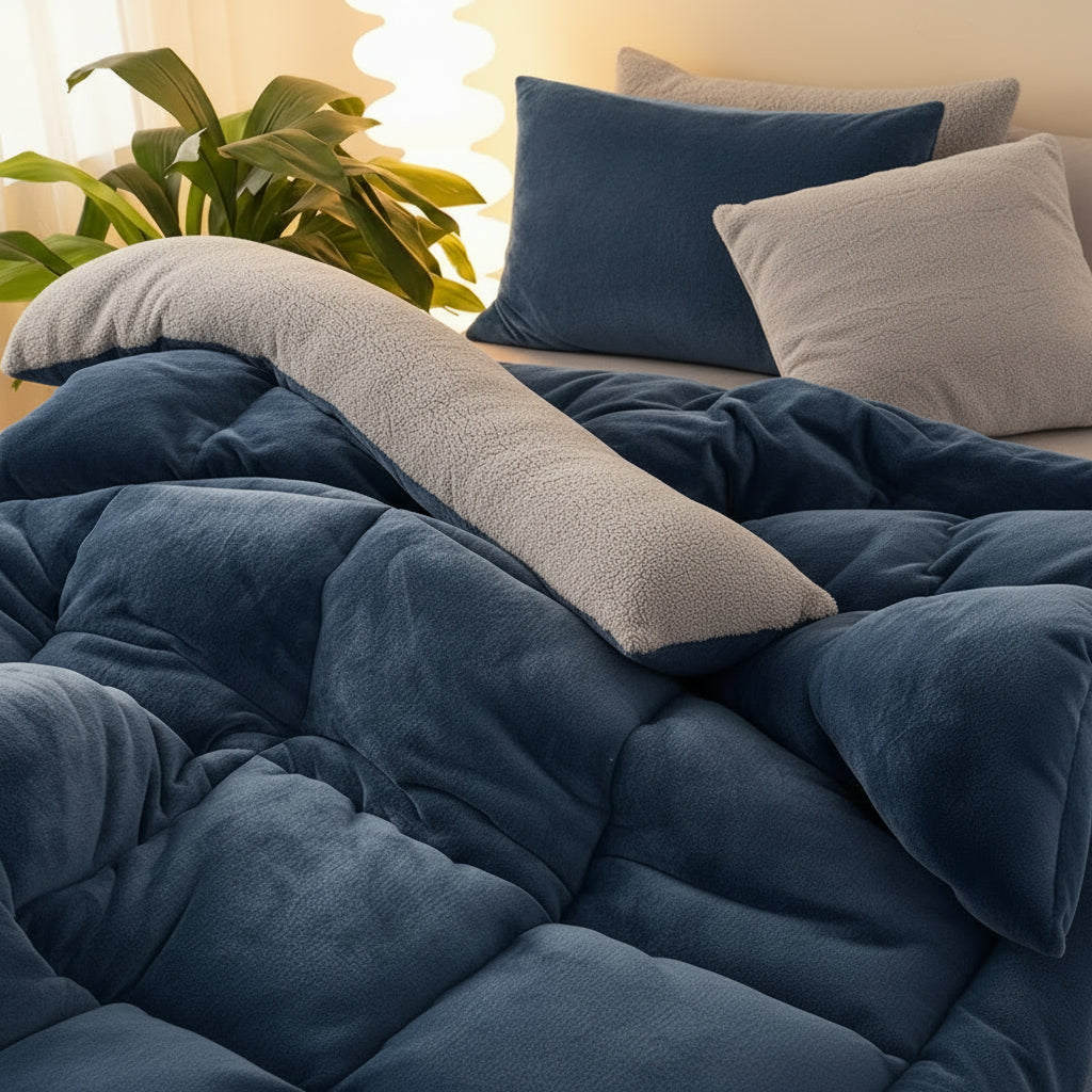 Velvloft Lammfell-Steppdecke mit Karomuster-Design