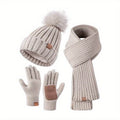 Cozy Three-In-One Knit Winter Set With Hat And Scarf Plus Touchscreen Gloves
