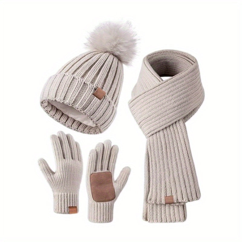 Cozy Three-In-One Knit Winter Set With Hat And Scarf Plus Touchscreen Gloves