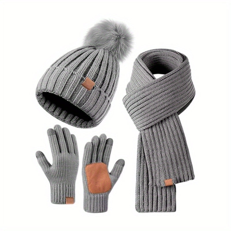 Cozy Three-In-One Knit Winter Set With Hat And Scarf Plus Touchscreen Gloves