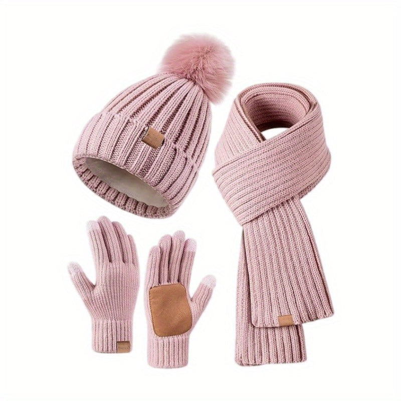 Cozy Three-In-One Knit Winter Set With Hat And Scarf Plus Touchscreen Gloves