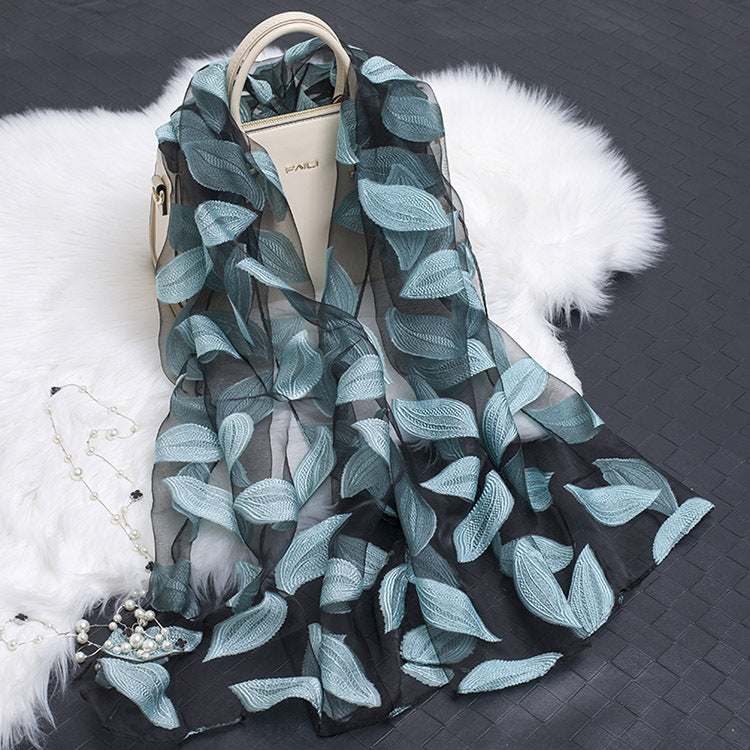 Silk Scarf Featuring Floral Cutwork Hollow Motif Accessory