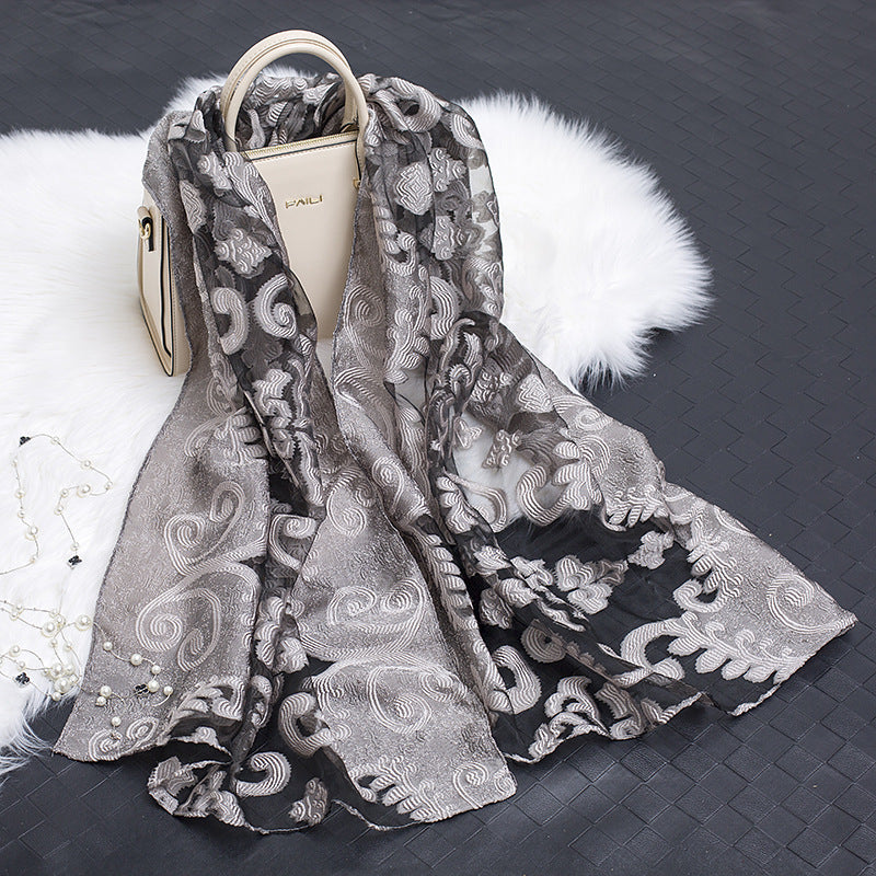 Silk Scarf Featuring Floral Cutwork Hollow Motif Accessory
