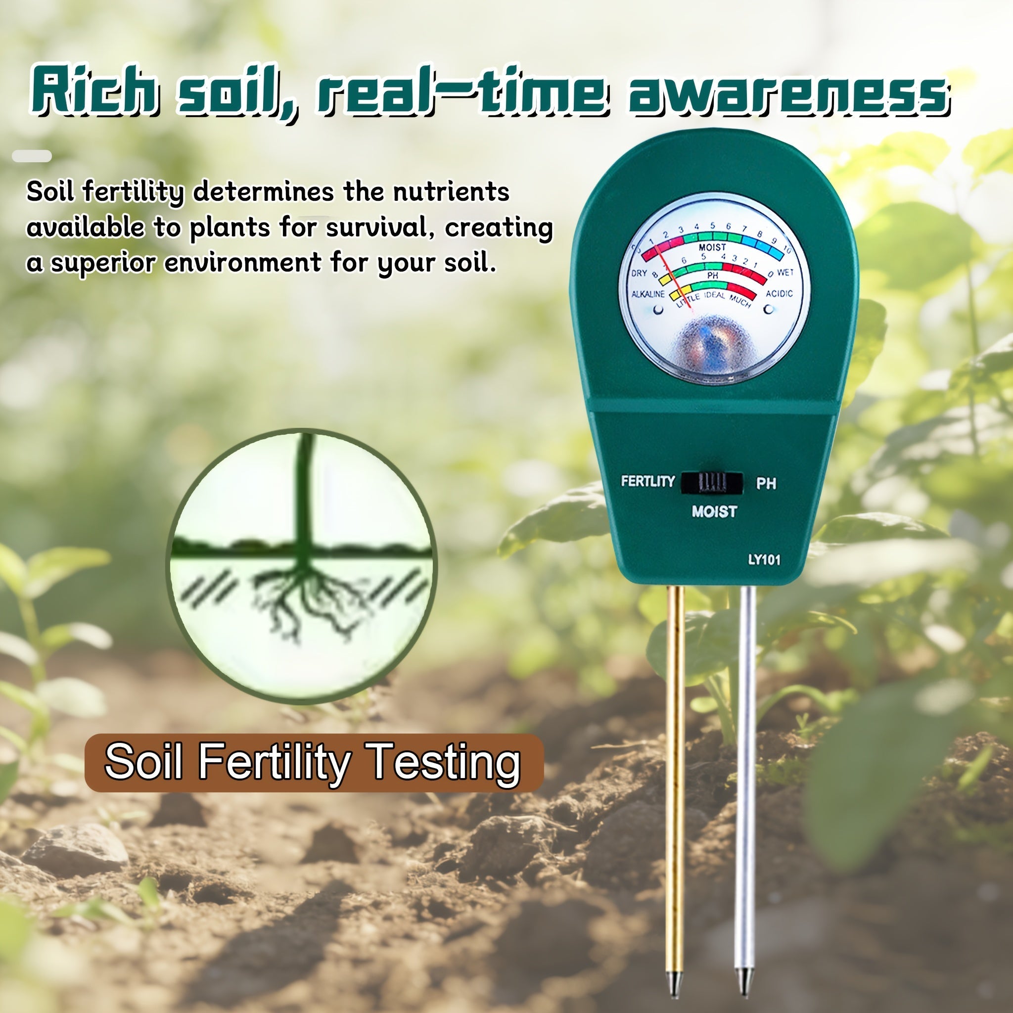 Soiltrio Tester del Terreno 3 in 1 per Umidità, Fertilità e pH